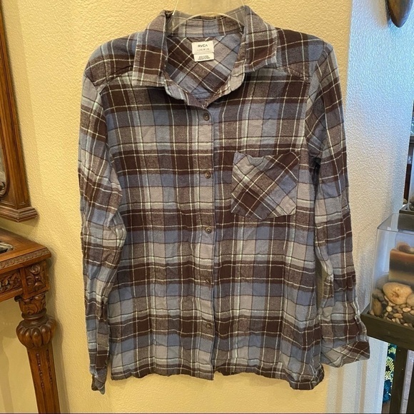 RVCA Blue Plaid Flannel Buttoned Long Sleeve Top Size Large (12) - Picture 1 of 7